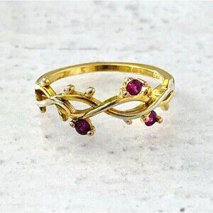 Vintage Delicate Gold Vermeil Berries On A Vine Ruby Ring Size 6.5